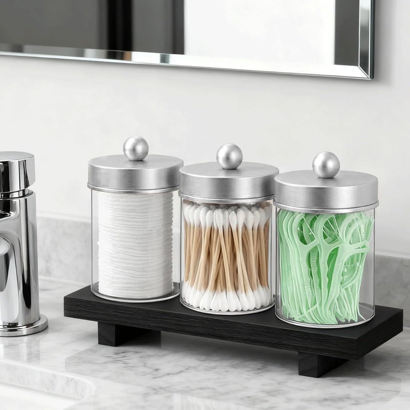 MKOSAB 3 Pcs Qtip Holder,Clear Apothecary Jars with Wooden Tray for Cotton Balls,Swabs,Farmhouse Decor Bathroom Vanity Organizers Accessories for Makeup Brushes,Lipstick Storage (Silver) - Image 2